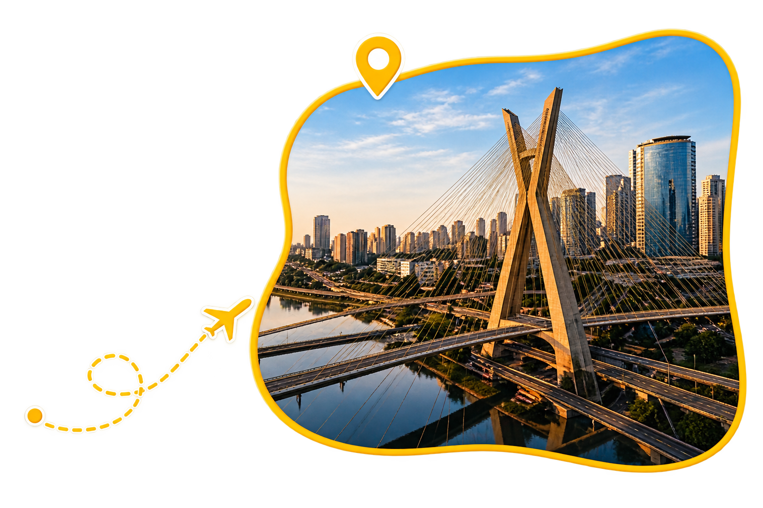 Ponte estaiada ao pôr do sol com moldura amarela, marcador de mapa e rota de avião
